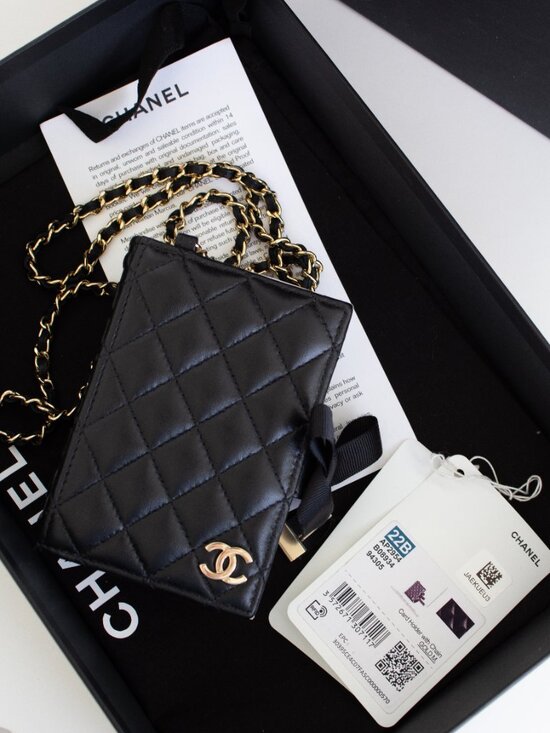 Chanel 2022 Black Lambskin Book Gold Chain 22B Cardholder  Chanel 2022 Black Lambskin Book Gold Chain 22B Cardholder